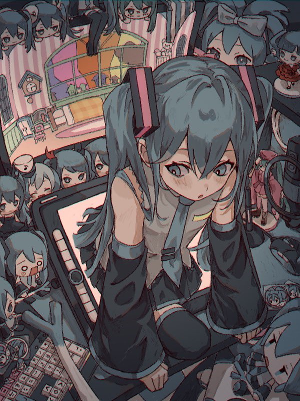 6+girls :o bare_shoulders black_skirt black_thighhighs blue_eyes blue_hair blue_necktie blue_trim bright_pupils character_doll crossed_bangs desk detached_sleeves drawing_tablet figure from_above grey_shirt hatsune_miku indoors keyboard_(computer) long_hair looking_down mini_person minigirl monitor mouse_(computer) multiple_girls multiple_persona necktie open_mouth shirt sitting skirt sleeveless sleeveless_shirt spring_onion thigh-highs through_medium through_screen tomoja_rs twintails vocaloid white_pupils