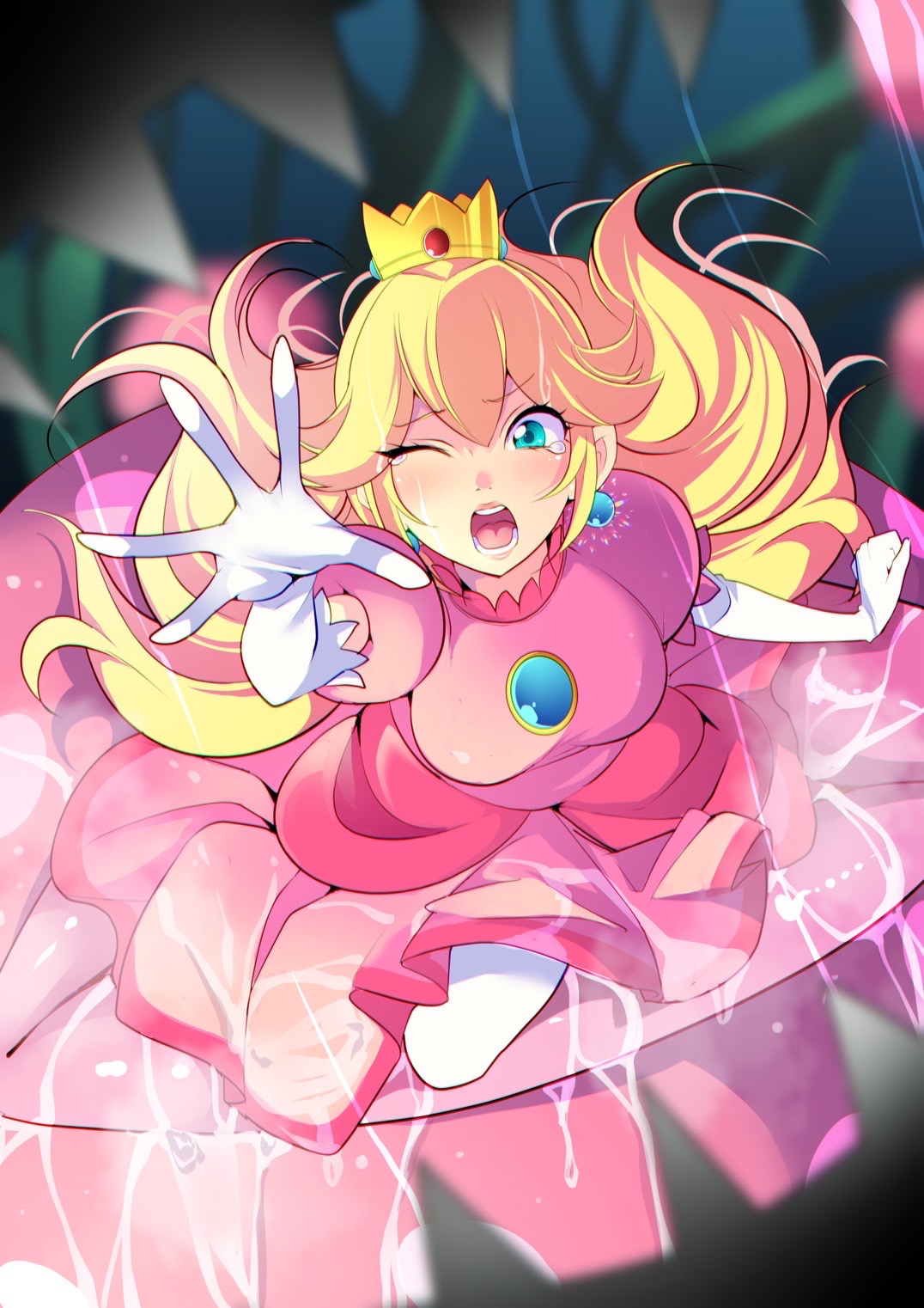 1girl blonde_hair blue_eyes blush breasts commission crown dress earrings elbow_gloves gloves highres jewelry long_hair looking_at_viewer mitsuki_tayura open_mouth pink_dress piranha_plant princess princess_peach skeb_commission sphere_earrings super_mario_bros. white_gloves