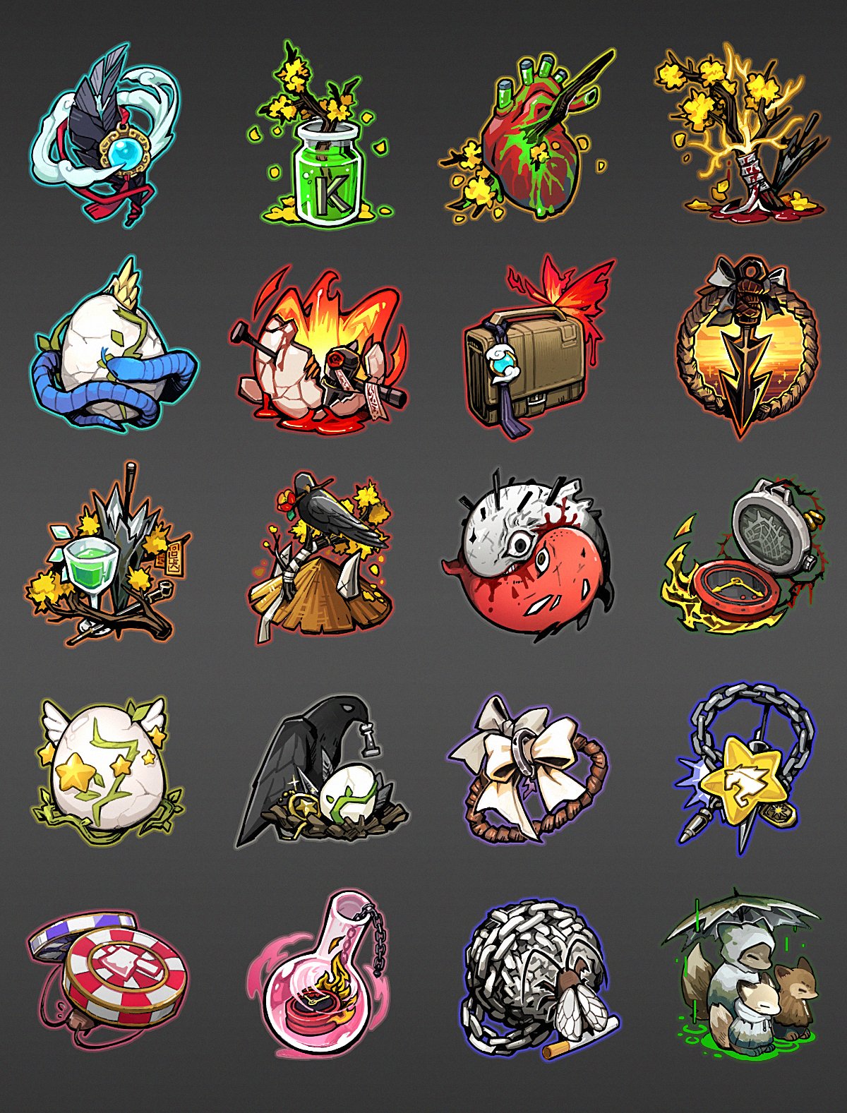 annotated badge bandages bird blood bow branch bug bullet camellia chain clouds cockroach crow cup dante_(limbus_company) drifting_fox e.g.o_(project_moon) egg feathers flaw_eight flower golden_bough_(limbus_company) heart_(organ) highres in_flask jewelry limbus_company poker_chip project_moon ring rope snake star_(symbol) the_pallid_whale thorns umbrella vial white_bow