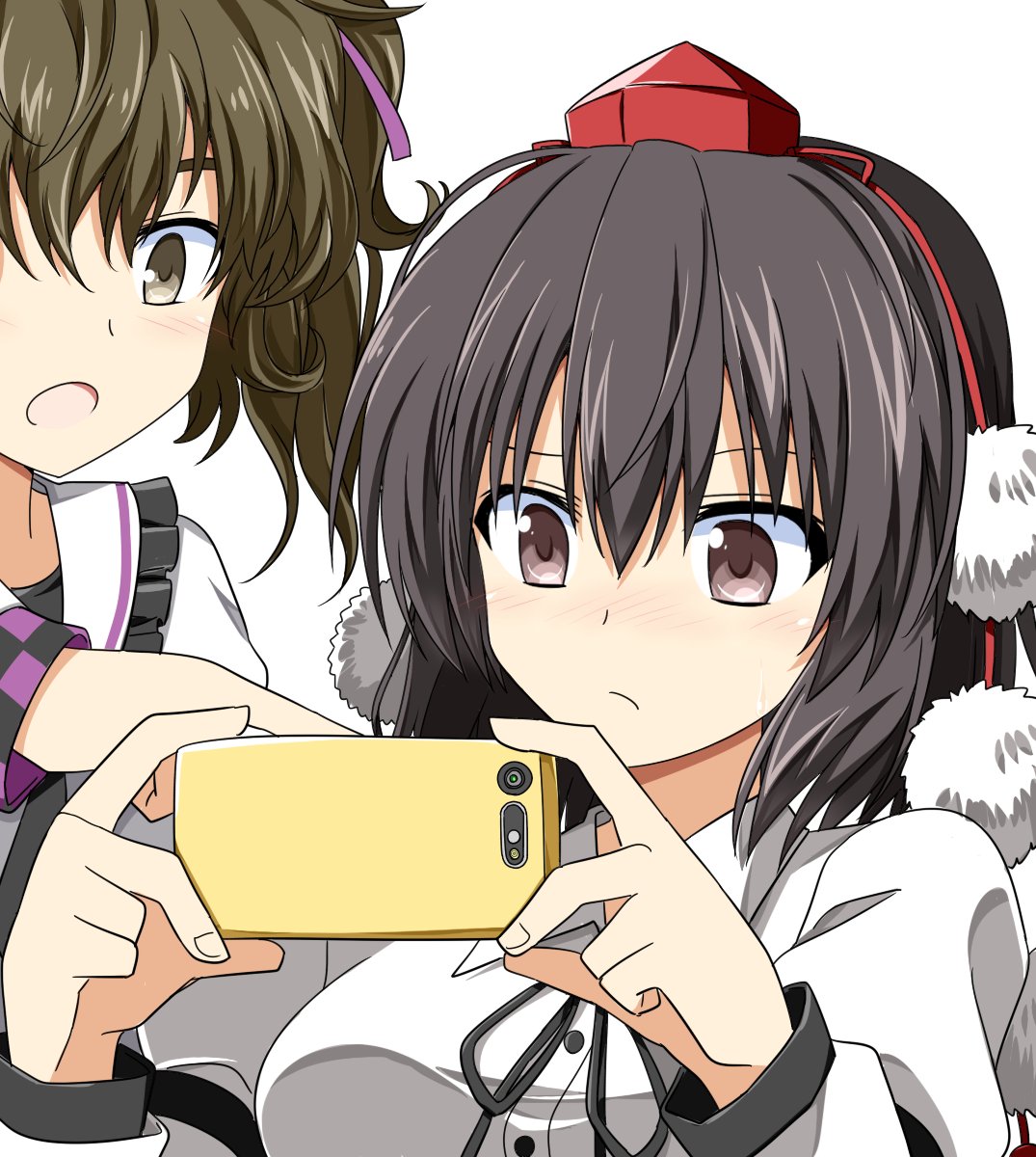 1girl 2girls black_hair black_ribbon breasts brown_eyes brown_hair cellphone closed_mouth frilled_shirt_collar frills hat highres himekaidou_hatate holding holding_phone juliet_sleeves long_sleeves medium_breasts medium_hair multiple_girls neck_ribbon open_mouth phone pom_pom_(clothes) puffy_sleeves ribbon rise_(rise19851203) shameimaru_aya shirt short_hair simple_background smartphone solo tokin_hat touhou white_background white_shirt