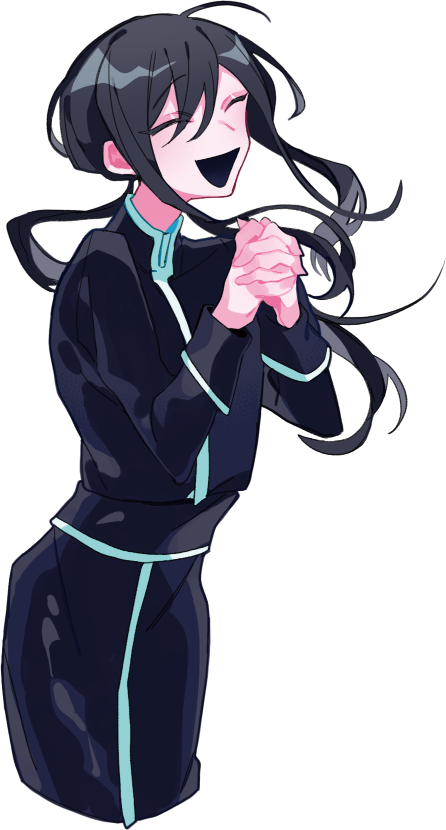 1boy ahoge black_hair borrowed_character cassock closed_eyes commentary_request hair_between_eyes highres himanemuitoma interlocked_fingers long_hair long_sleeves low_ponytail official_art open_mouth original orthodoxia_(vocaloid) own_hands_together ponytail praying smile tadashi_kunai transparent_background turtleneck vocaloid