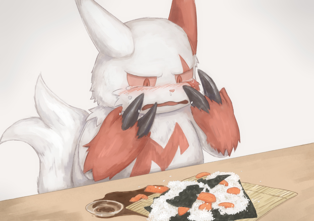 aserora blush claws colored_sclera food how_to_make_sushi_(meme) looking_at_food meat meme no_humans nori_(seaweed) pokemon pokemon_(creature) red_eyes red_sclera rice simple_background solo table tearing_up white_background zangoose