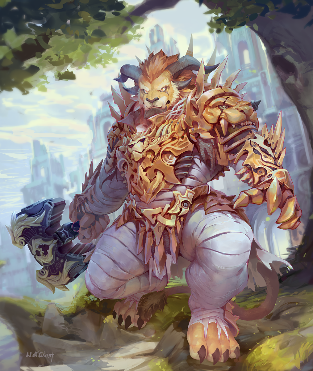 1boy armor artist_name bandages fantasy furry furry_male gold_armor guild_wars_(series) guild_wars_2 hammer highres holding holding_hammer horns lion_tail male_focus null-ghost pauldrons shoulder_armor signature solo tail