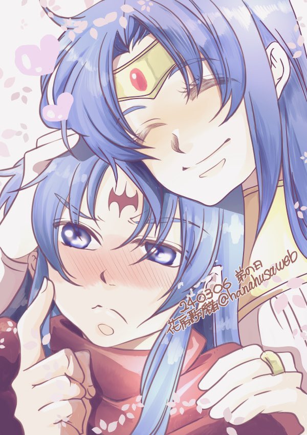 1boy 1girl blue_hair blush breath_of_fire breath_of_fire_i brother_and_sister closed_eyes closed_mouth dated facial_mark falling_petals forehead_mark hanaba_komao jewelry long_hair petals ring ryuu_(breath_of_fire_i) sara_(breath_of_fire) siblings smile