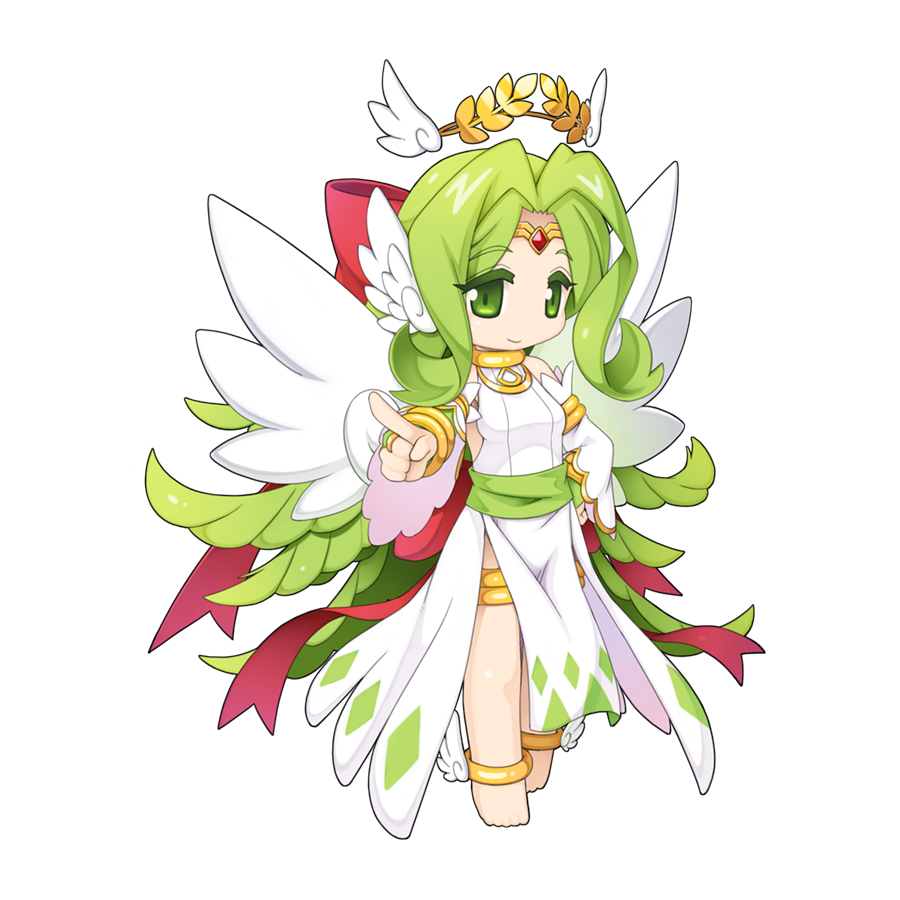 1girl angel_wings anklet back_bow barefoot bow chibi closed_mouth detached_sleeves detached_wings dress ear_wings full_body green_eyes green_hair hair_bow jewelry laurel_crown long_hair looking_at_viewer official_art pelvic_curtain pointing pointing_at_viewer procella ragnarok_online red_bow simple_background sleeveless sleeveless_dress smile solo standing transparent_background white_dress white_sleeves white_wings wings yuichirou