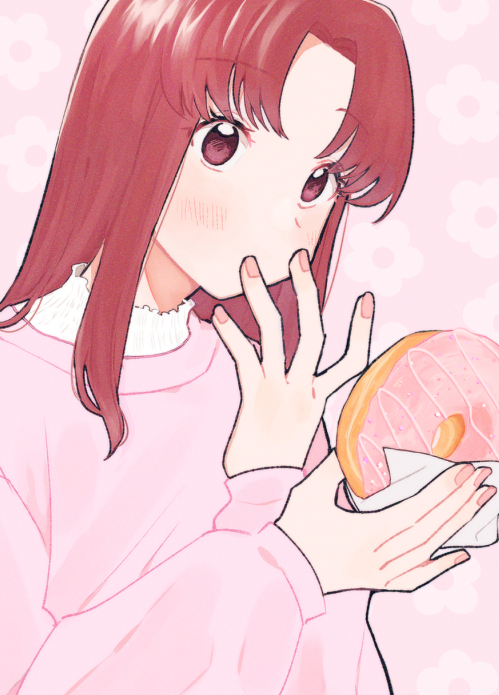 1girl covered_mouth doughnut egashira_mika floral_background food food_wrapper hands_up holding holding_food long_hair long_sleeves looking_at_viewer nail_polish parted_bangs pechevail pink_background pink_nails pink_sweater red_eyes redhead skip_to_loafer solo sweater upper_body