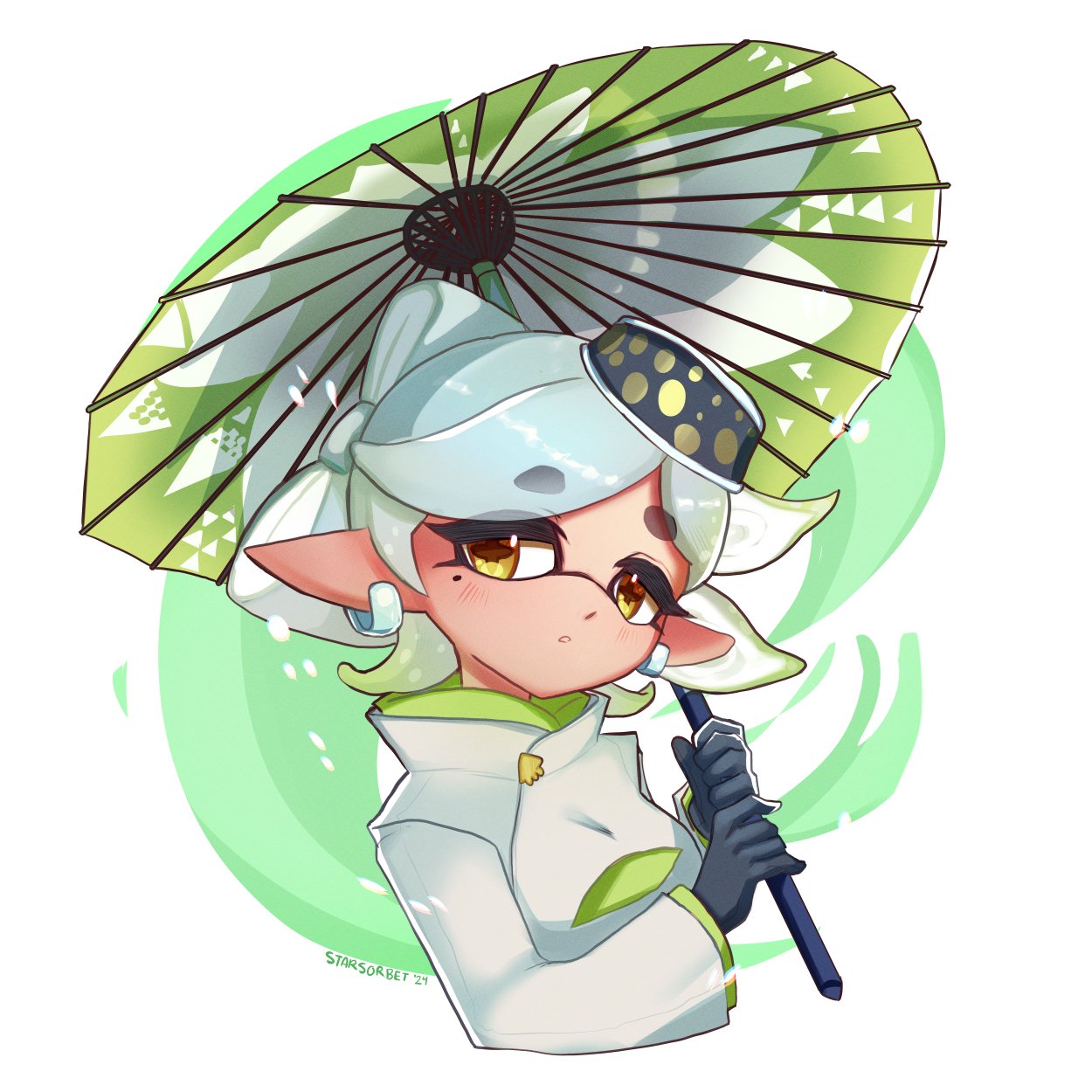 1girl bow-shaped_hair colored_tips commentary green_hair highres holding holding_umbrella inkling jacket long_pointy_ears marie_(splatoon) medium_hair mole mole_under_eye multicolored_hair pointy_ears simple_background solo splatoon_(series) star-shaped_pupils star_(symbol) starsorbet symbol-only_commentary symbol-shaped_pupils tentacle_hair thick_eyebrows two-tone_hair umbrella upper_body white_background white_hair white_jacket yellow_eyes