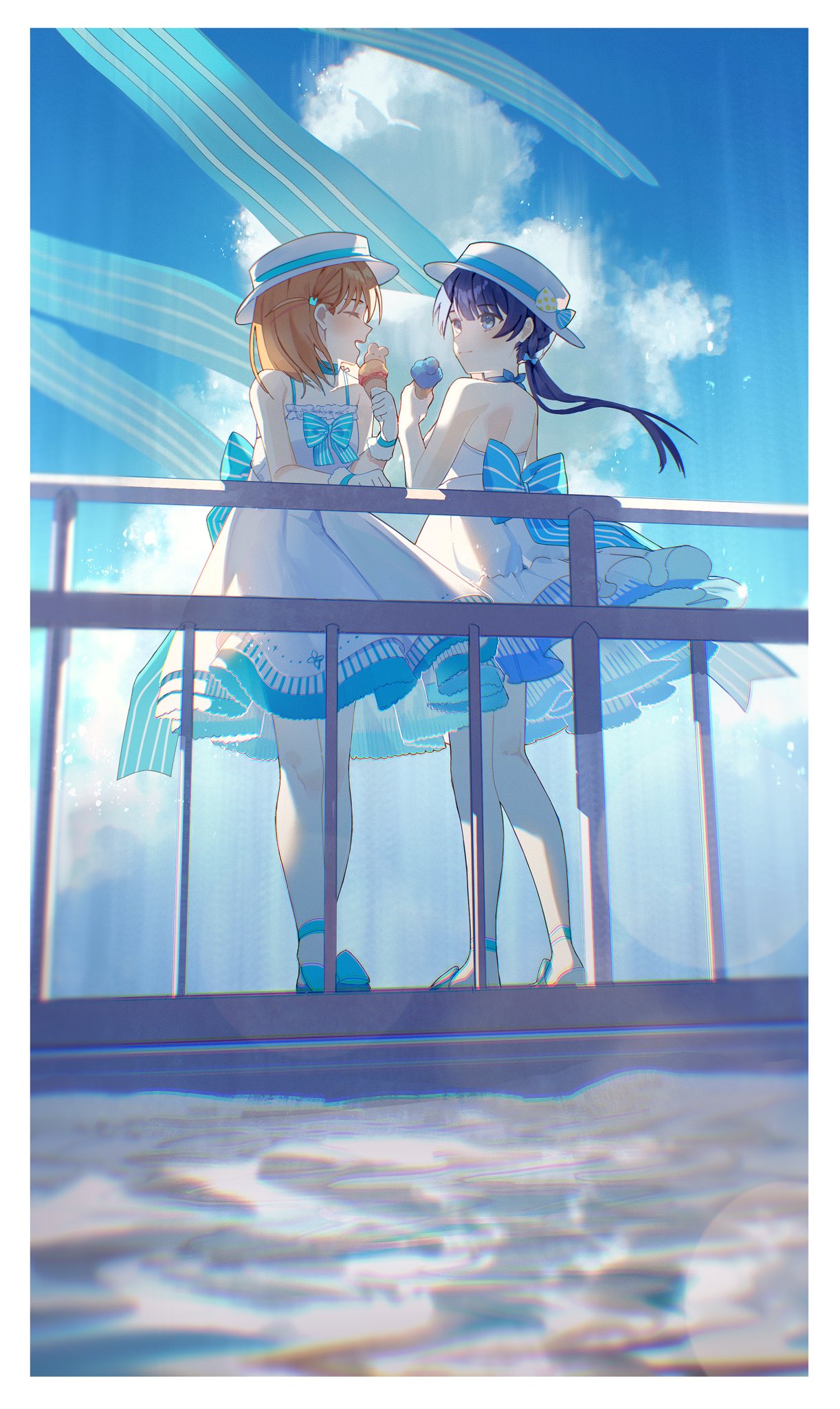2girls against_railing back_bow backless_dress backless_outfit blue_bow blue_choker blue_sky boater_hat border bow braid choker chromatic_aberration closed_eyes closed_mouth clouds dkou dress dress_bow facing_another food full_body gloves hair_bow hair_ornament hand_on_railing hat hat_bow highres hinoshita_kaho holding holding_food holding_ice_cream holding_ice_cream_cone ice_cream ice_cream_cone light_smile link!_like!_love_live! long_hair looking_at_another love_live! medium_hair multiple_girls murano_sayaka open_mouth orange_hair rabbit_hair_ornament railing ribbon-trimmed_gloves ribbon_choker ribbon_trim side_ahoge side_braids sky sleeveless smile spaghetti_strap strapless strapless_dress striped_bow white_border white_dress white_gloves white_headwear