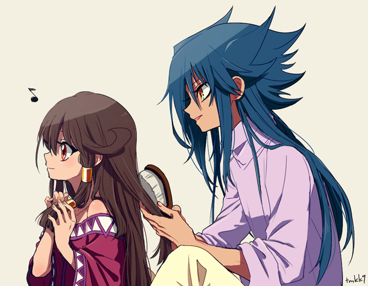 1boy 1girl aigami artist_name bad_id bad_pixiv_id bare_shoulders blue_hair blush brother_and_sister brown_eyes brown_hair brushing_hair closed_mouth collarbone dark_skin egyptian_clothes from_side grey_background hair_ornament hand_in_own_hair holding holding_brush long_hair musical_note open_mouth pants purple_shirt sera_(yu-gi-oh!) shirt siblings sidelocks simple_background sleeves_rolled_up smile spiky_hair tmkk9 wide_sleeves yellow_eyes yu-gi-oh! yu-gi-oh!_duel_monsters yu-gi-oh!_the_dark_side_of_dimensions