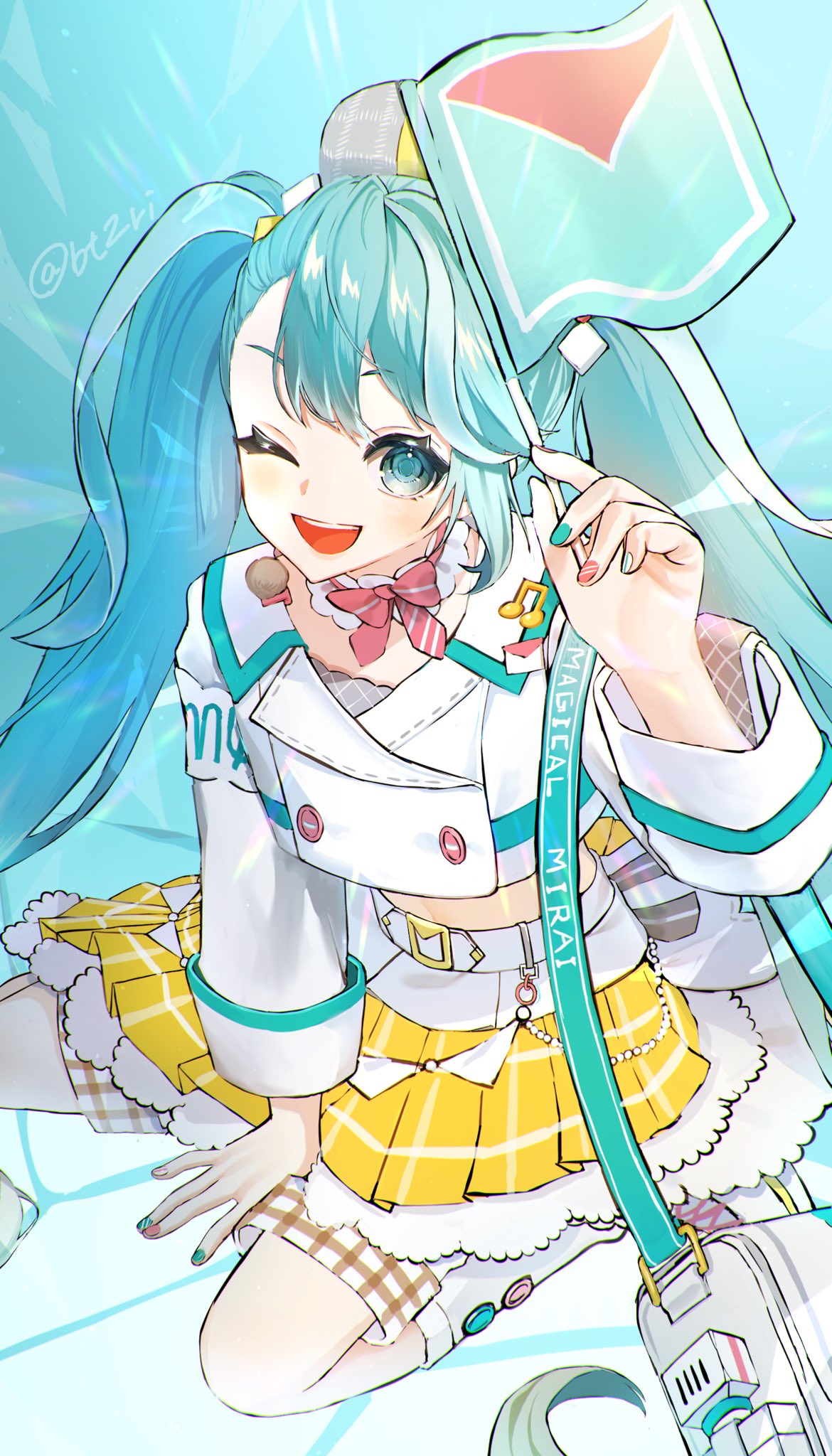 1girl 2funma2 ;d aqua_background aqua_eyes aqua_hair aqua_nails bag beamed_eighth_notes beret bow bowtie collar commentary flag frilled_collar frills hand_on_ground hat hatsune_miku highres holding holding_flag magical_mirai_(vocaloid) magical_mirai_miku magical_mirai_miku_(2024) midriff mini_flag musical_note one_eye_closed open_mouth pink_bow pink_bowtie plaid shoes shorts shorts_under_skirt shoulder_bag skirt smile sneakers socks solo symbol-only_commentary teeth twintails upper_teeth_only vocaloid white_socks yellow_skirt