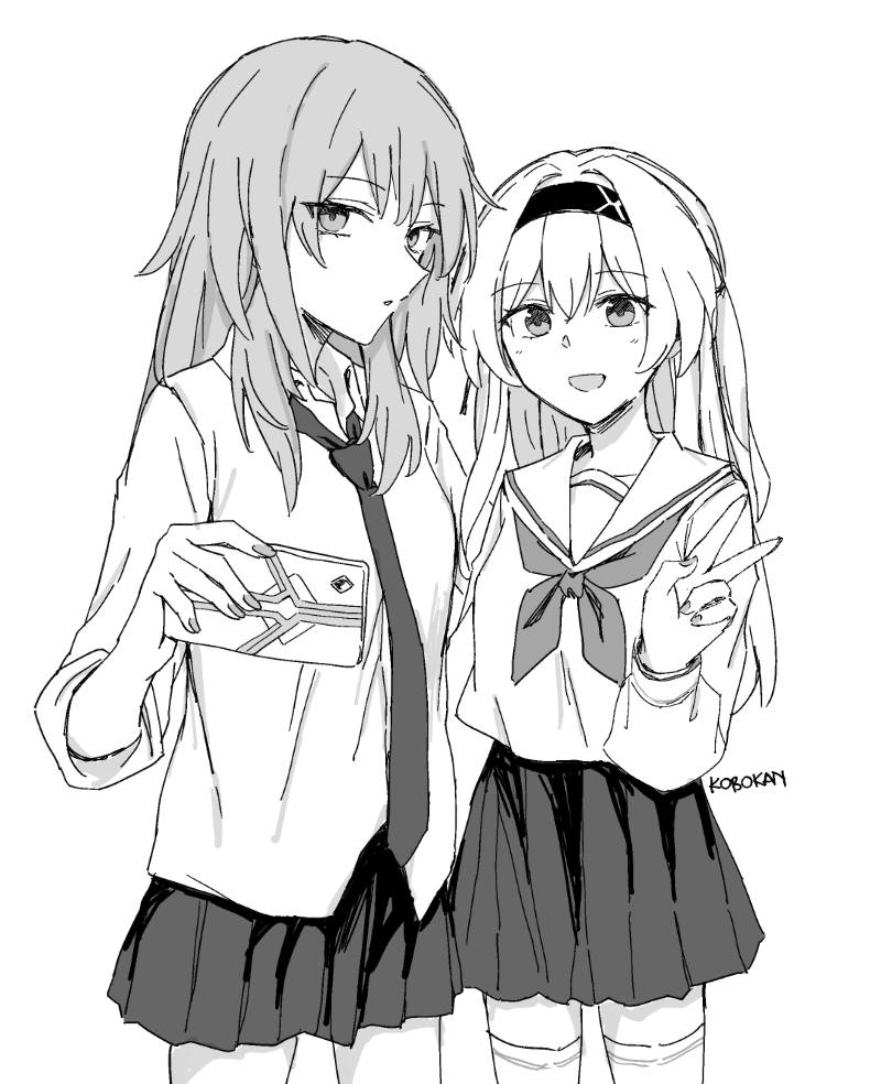 2girls artist_name blush cellphone collared_shirt commentary_request firefly_(honkai:_star_rail) greyscale hairband holding holding_phone honkai:_star_rail honkai_(series) indonesian_commentary kurokobokan long_hair long_sleeves looking_at_viewer monochrome multiple_girls neckerchief necktie open_mouth parted_lips phone pleated_skirt sailor_collar school_uniform shirt side-by-side sidelocks skirt smartphone standing stelle_(honkai:_star_rail) thigh-highs trailblazer_(honkai:_star_rail) upper_body v white_background