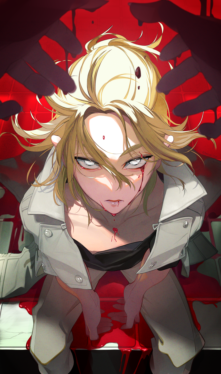 1boy black_shirt blonde_hair blood blood_from_eyes blood_on_face from_above green_jacket heizei_img highres jacket jacket_on_shoulders looking_at_viewer looking_up male_focus pool_of_blood pov pov_hands sano_manjirou sanpaku shirt sitting solo t-shirt tokyo_revengers