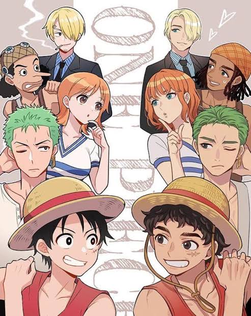 crossover grin looking_at_another monkey_d_luffy multiple_boys multiple_girls nami_(one_piece) one_eye_closed one_piece one_piece_(live_action) roronoa_zoro sanji_(one_piece) scar_on_face short_hair smile straw_hat usopp