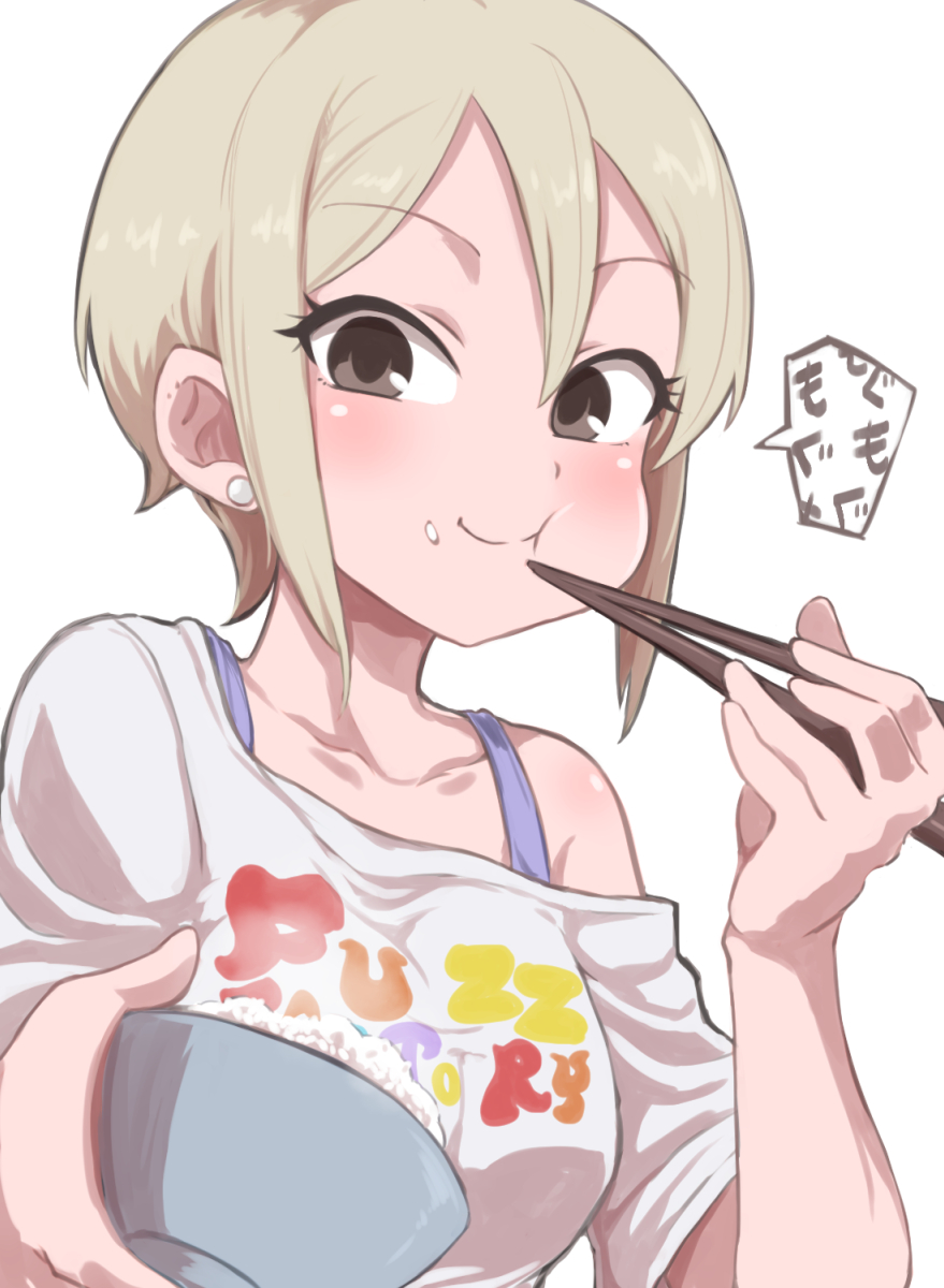 1girl black_eyes blush bowl bra_strap breasts chopsticks closed_mouth collarbone earrings eating food food_on_face gazacy_(dai) grey_hair highres holding holding_bowl holding_chopsticks idolmaster idolmaster_cinderella_girls idolmaster_cinderella_girls_starlight_stage jewelry looking_at_viewer medium_breasts print_shirt rice shiomi_syuko shirt short_hair short_sleeves simple_background single_bare_shoulder single_off_shoulder smile solo speech_bubble steam text_print upper_body white_background white_shirt