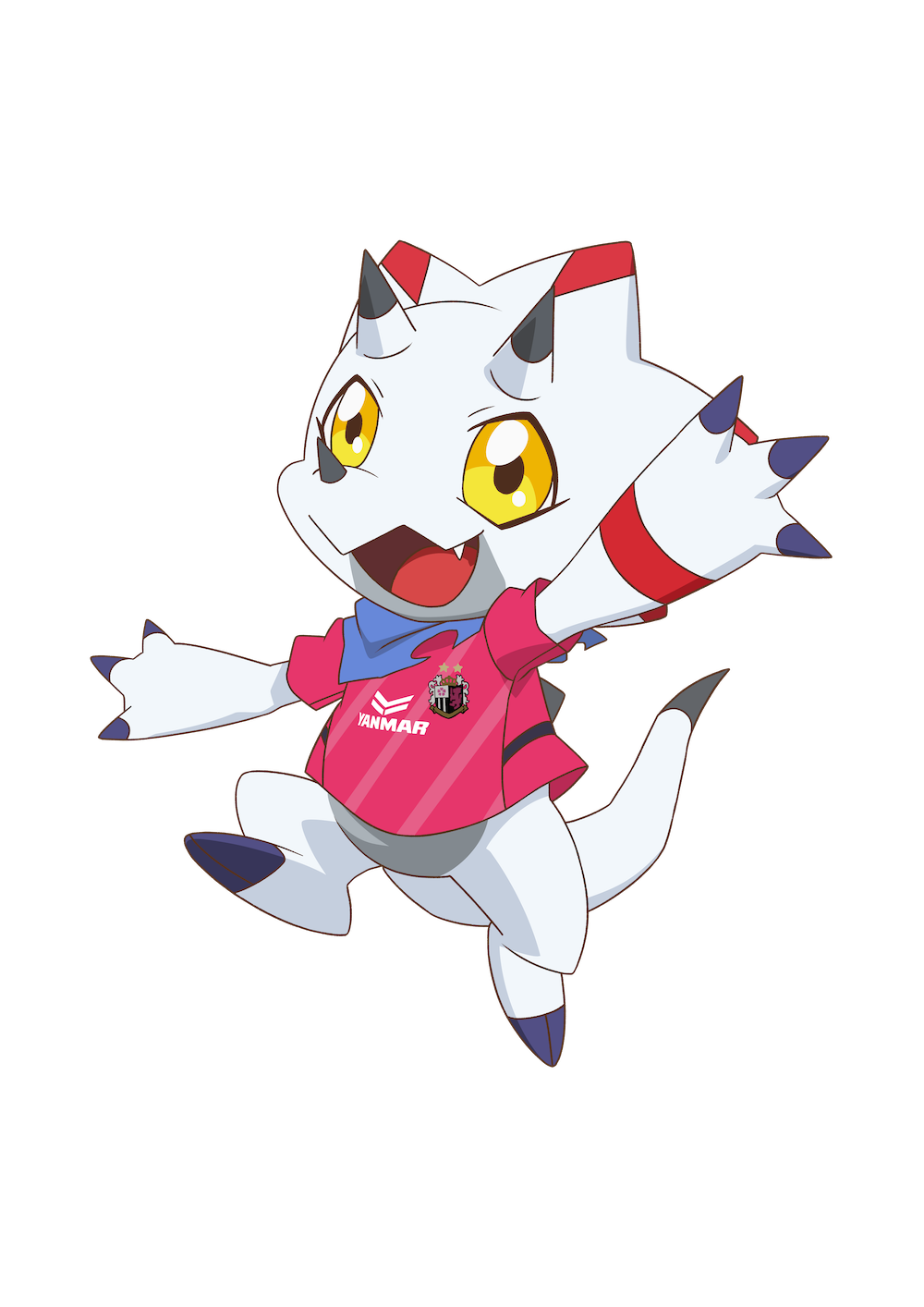 archived_source arm_up blue_scarf cerezo_osaka claws clothes_writing diagonal-striped_shirt digimon digimon_(creature) digimon_ghost_game fang gammamon highres horns jumping looking_at_viewer no_humans official_art pink_shirt scarf shirt simple_background smile soccer_uniform solo sportswear tail tongue transparent_background triceratops yellow_eyes