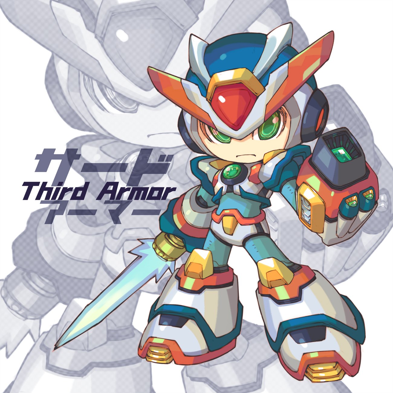1boy android arm_cannon english_commentary english_text green_eyes helmet highres holding holding_sword holding_weapon iikoao male_focus mega_man_(series) mega_man_x3 mega_man_x_(series) mixed-language_commentary solo sword third_armor_x_(mega_man) weapon x_(mega_man) z_saber