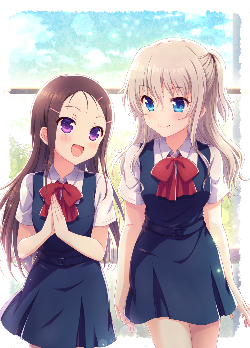 2girls :d alternate_costume arms_at_sides black_dress blue_eyes blush border bow brown_hair charlotte_(anime) closed_mouth collared_shirt commentary_request commission cowboy_shot day dress eye_contact eyes_visible_through_hair grey_hair hair_between_eyes hair_ornament hairclip half_updo hands_up happy kousetsu light_particles long_hair looking_at_another multiple_girls open_mouth otosaka_ayumi own_hands_clasped own_hands_together parted_bangs pinafore_dress red_bow school_uniform shirt short_ponytail short_sleeves side-by-side sidelocks skeb_commission sleeveless sleeveless_dress smile split_mouth straight_hair tomori_nao violet_eyes wavy_hair white_border white_shirt