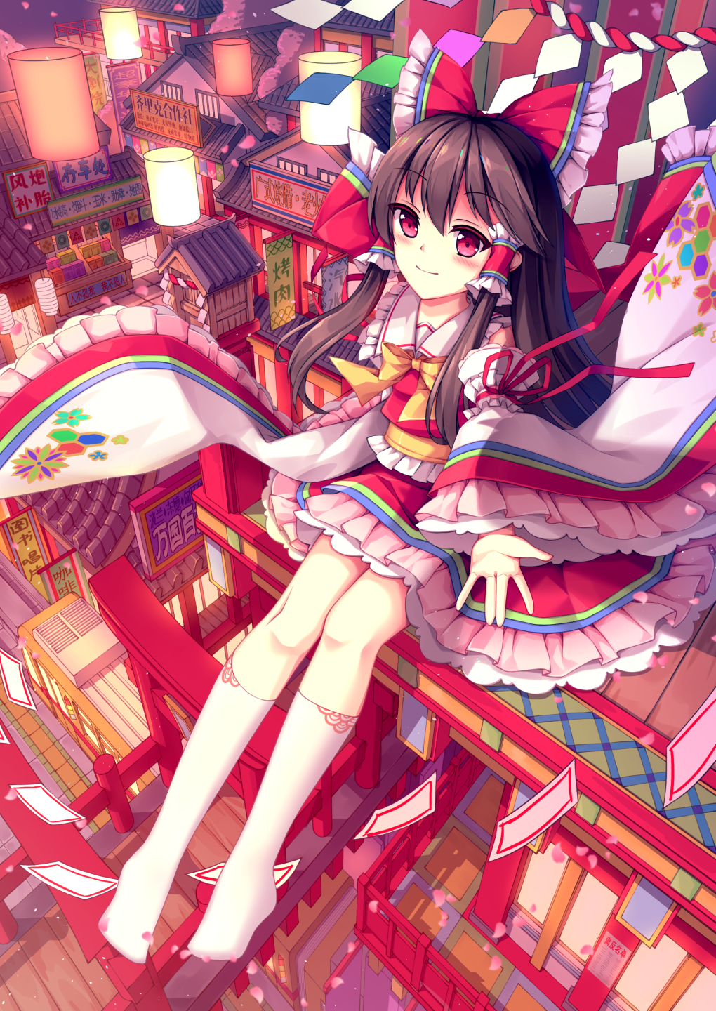 1girl ascot blush bow brown_hair building closed_mouth commentary detached_sleeves floral_print frilled_bow frilled_hair_tubes frilled_skirt frilled_sleeves frills hair_bow hair_tubes hakurei_reimu hexagon_print highres kneehighs lantern long_hair mechrailgun on_roof paper_lantern print_sleeves red_bow red_eyes red_ribbon red_skirt ribbon sitting skirt skirt_set sleeve_ribbon smile socks solo talisman touhou translation_request white_socks yellow_ascot