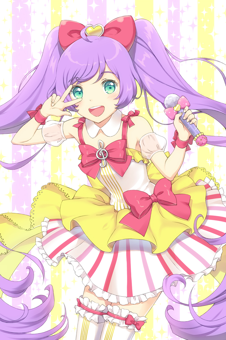 1girl :d ahoge bow commentary_request detached_collar detached_sleeves dress green_eyes hair_bow hands_up holding holding_microphone idol_clothes kashikoma! long_hair looking_at_viewer manaka_laala microphone multicolored_clothes multicolored_dress open_mouth pink_bow pretty_series pripara puffy_detached_sleeves puffy_sleeves purple_hair sleeveless sleeveless_dress smile solo sparkle_background standing striped_background thigh-highs treble_clef twintails unya_(unya-unya) v v_over_eye very_long_hair white_thighhighs