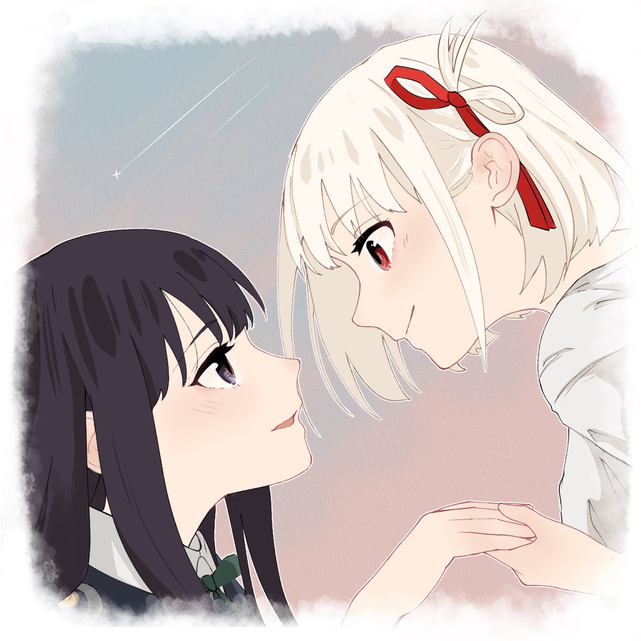 2girls black_hair blonde_hair blush closed_mouth commentary_request eye_contact hair_ribbon highres holding_hands inoue_takina long_hair looking_at_another lycoris_recoil medium_hair multiple_girls nishikigi_chisato one_side_up parted_lips red_eyes red_ribbon ribbon shiratama_draw shooting_star smile upper_body violet_eyes yuri