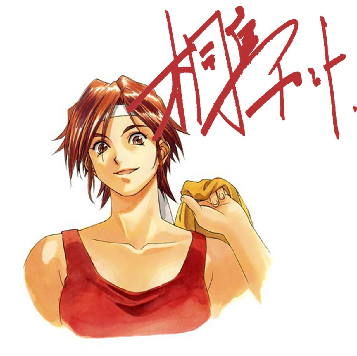 1girl bare_shoulders brown_eyes character_name chin collarbone headband highres holding holding_clothes holding_jacket jacket kirishima_kanna light_brown_hair looking_at_viewer matsubara_hidenori neck nose official_art open_mouth orange_jacket red_tank_top sakura_taisen short_hair signature simple_background smile solo solo_focus tank_top traditional_media very_short_hair white_background white_headband