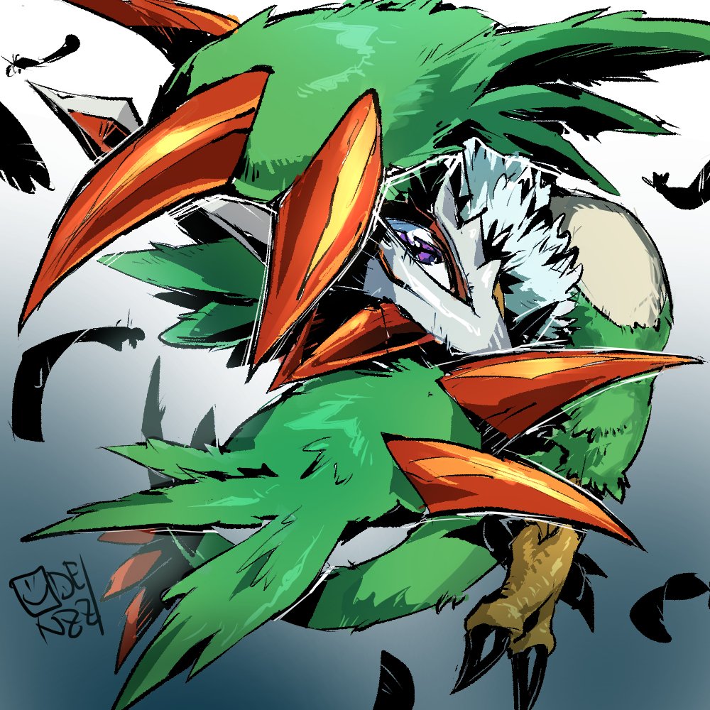 bird collarbone digimon digimon_(creature) dragon eye_mask feathers full_body gradient_background green_feathers green_tail horns oden_(odenzzi) pteromon single_horn sketch solo violet_eyes