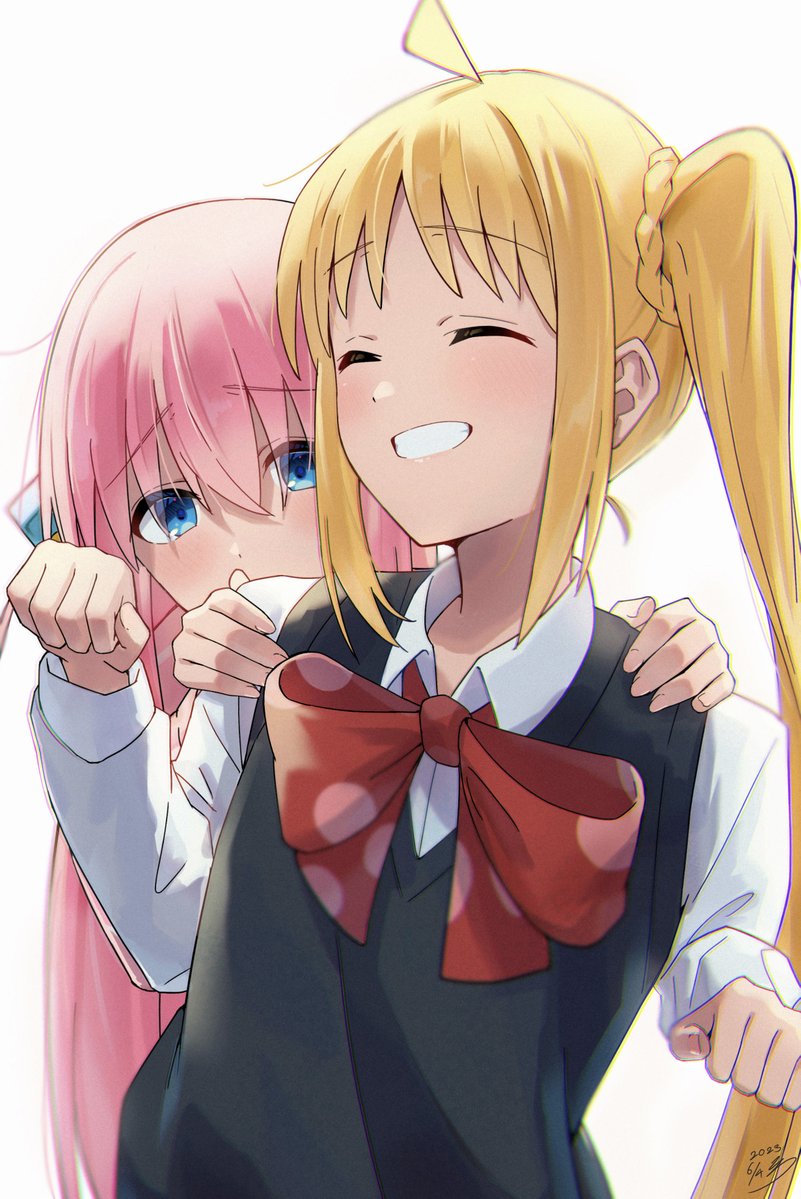 2girls ^_^ ahoge black_vest blonde_hair blue_eyes bocchi_the_rock! bow bowtie closed_eyes collared_shirt dress_shirt gotoh_hitori grin hair_between_eyes hands_on_another's_shoulders hiding hiding_behind_another ijichi_nijika long_hair long_sleeves multiple_girls pink_hair red_bow red_bowtie seisyuntarotto shirt side_ponytail smile straight_hair sweater_vest very_long_hair vest white_background white_shirt wing_collar