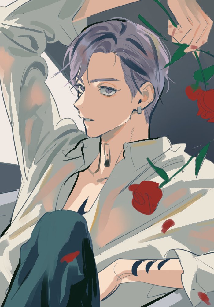 1boy arm_behind_head arm_rest arm_tattoo arm_up chest_tattoo collared_shirt ear_piercing flower from_side haitani_ran holding holding_flower leaning_back looking_at_viewer male_focus multicolored_hair neck_tattoo open_clothes open_shirt parted_lips piercing purple_hair red_flower red_rose rose shirt sitting solo streaked_hair swept_bangs tattoo teeth tokyo_revengers unfinished upper_teeth_only violet_eyes white_shirt yoursunfy