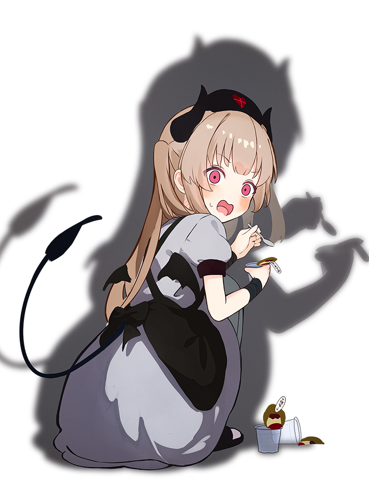 1girl apron black_apron blush brown_hair caught commentary_request cup demon_horns demon_tail dress empty_eyes food from_behind full_body grey_dress hat holding holding_cup holding_spoon horns long_hair looking_back low_wings mini_wings natori_sana nurse_cap open_mouth pudding puffy_short_sleeves puffy_sleeves red_eyes sana_channel sandals shadow short_dress short_sleeves shuuha_arutsu simple_background solo spoon squatting tail two_side_up v-shaped_eyebrows virtual_youtuber white_background wide-eyed wings