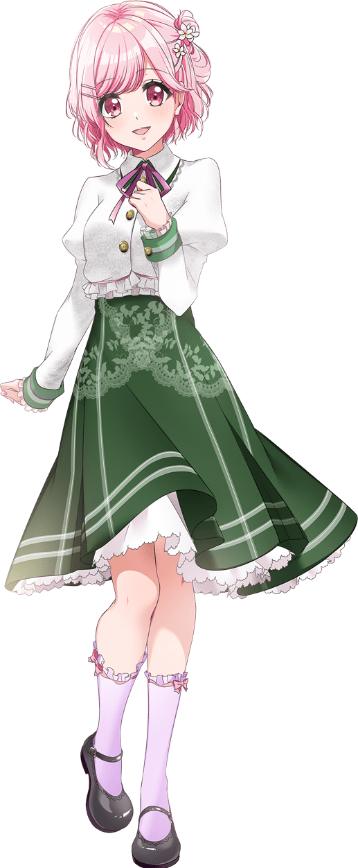 1girl :d ankle_socks arm_at_side black_footwear bow_legwear breasts collared_shirt d4dj flower foot_up frilled_socks frills green_skirt hair_flower hair_ornament hand_on_own_chest high-waist_skirt highres juliet_sleeves long_sleeves looking_at_viewer mary_janes medium_breasts medium_skirt neck_ribbon official_art one_side_up open_mouth pink_eyes pink_hair puffy_sleeves purple_ribbon purple_socks ribbon sakurada_miyu shirt shoes short_hair simple_background skirt smile socks solo standing swept_bangs transparent_background white_shirt