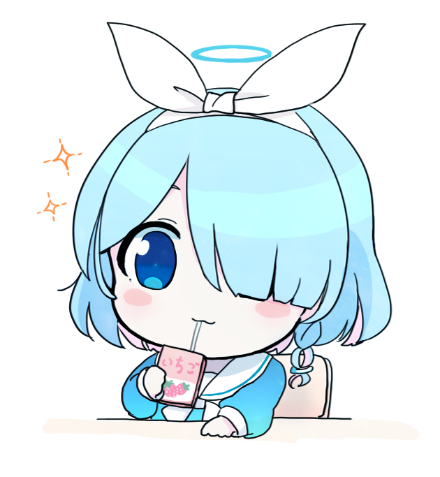 1girl arona_(blue_archive) blue_archive blue_eyes blue_hair blue_halo blue_shirt blush_stickers bow bow_hairband bowtie braid chair chibi closed_mouth colored_inner_hair drinking drinking_straw hair_ornament hair_over_one_eye hairband halo hand_up holding long_sleeves looking_to_the_side milk_carton multicolored_hair puffy_long_sleeves puffy_sleeves purple_hair rei_(tonbo0430) ribbon sailor_collar shirt short_hair simple_background single_braid sitting smile solo sparkle table white_background white_bow white_bowtie white_hairband white_ribbon