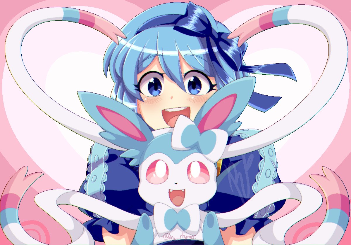 1girl blue_bow blue_dress blue_eyes blue_hair blue_hairband bow claire_elford crossover dress hair_bow hairband heart heart_background holding holding_pokemon key_rhymee light_blush open_mouth pink_background pokemon pokemon_(creature) puffy_short_sleeves puffy_sleeves short_hair short_sleeves smile sylveon teeth twitter_username upper_body upper_teeth_only witch's_heart