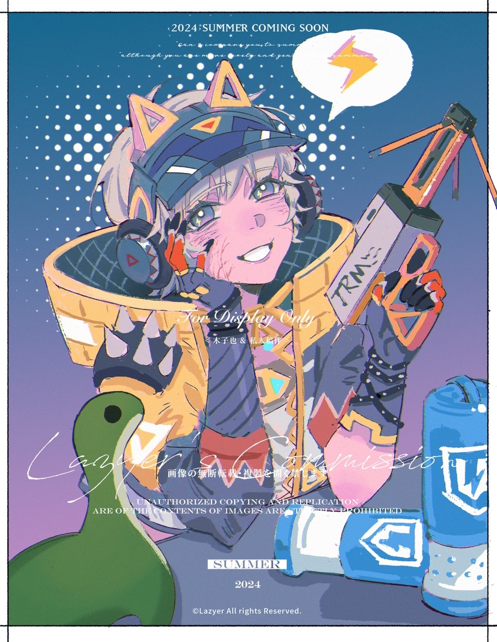 1girl animal_ear_headphones animal_ears animification apex_legends battery blonde_hair blue_hat bright_pupils cat_ear_headphones energy_reader_(apex_legends) fake_animal_ears gloves hand_on_own_cheek hand_on_own_face headphones highres holding holding_weapon jacket lazyer lightning_bolt_symbol looking_at_viewer nessie_(respawn) official_alternate_costume purple_gloves short_hair shoulder_spikes smile solo speech_bubble spikes stuffed_toy thunder_kitty_wattson violet_eyes visor_cap watermark wattson_(apex_legends) weapon white_pupils yellow_jacket