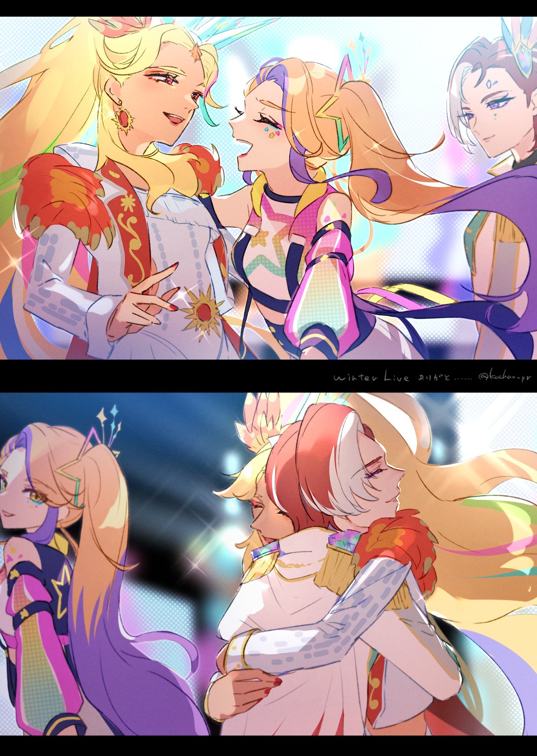 3girls :d blonde_hair closed_eyes closed_mouth commentary_request crop_top earrings epaulettes highres hug imminent_hug jacket jennifer_sumire_sol jewelry ko_(kochan_pr) long_hair long_sleeves looking_at_another looking_back multicolored_hair multiple_girls multiple_views nail_polish open_mouth orange_hair pretty_series purple_hair red_eyes redhead shirt short_hair side_ponytail smile streaked_hair sumeragi_amane sumeragi_amane_(pretty_series) sumeragi_amane_(pretty_series)_(primagista) sun_symbol upper_body very_long_hair violet_eyes waccha_primagi! white_jacket white_shirt yayoi_hina yayoi_hina_(primagista)