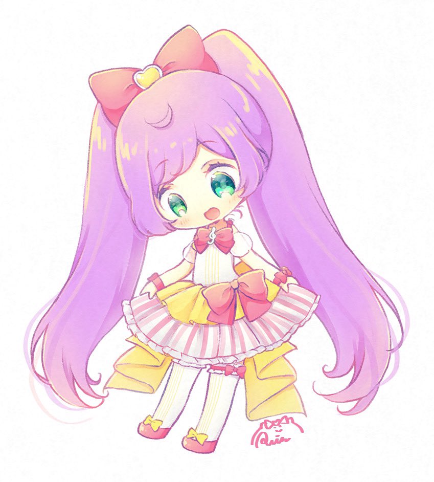 1girl :d ahoge bow chibi detached_sleeves dress full_body green_eyes hair_bow idol_clothes long_hair looking_down manaka_laala multicolored_clothes multicolored_dress open_mouth pink_bow pink_footwear pretty_series pripara puffy_detached_sleeves puffy_sleeves purple_hair rin_(ikura_meshi) shoes simple_background smile solo standing thigh-highs treble_clef twintails very_long_hair white_background white_thighhighs