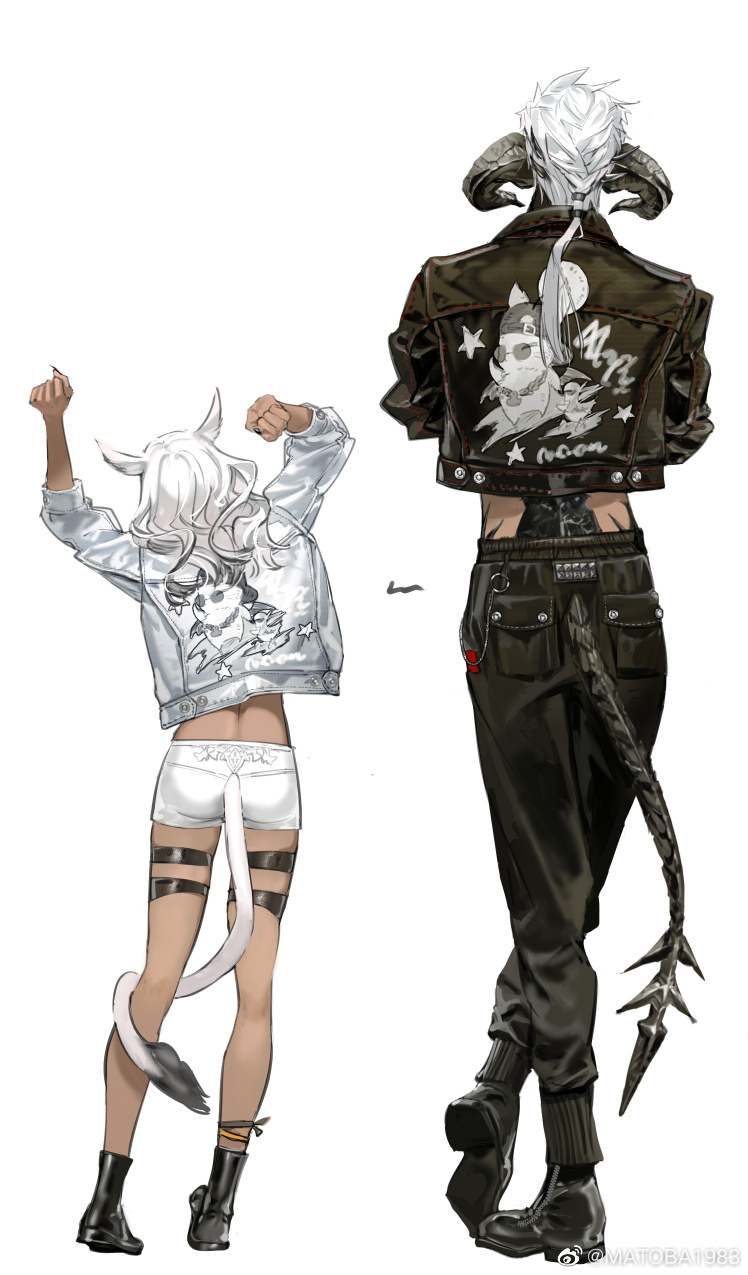 1boy 1girl animal_ears ankle_boots anklet arms_up au_ra black_footwear black_jacket black_pants boots cat_ears cat_girl cat_tail chinese_commentary clenched_hands commentary_request cropped_jacket curled_horns dragon_boy dragon_horns dragon_tail facing_away final_fantasy final_fantasy_xiv from_behind full_body highres horns jacket jewelry leather leather_jacket low_ponytail matoba_(ga6life) medium_hair miqo'te pants ponytail scales shorts simple_background spiked_tail standing stretching tail tail_around_own_leg tail_through_clothes thigh_strap warrior_of_light_(ff14) wavy_hair weibo_logo weibo_username white_background white_hair white_jacket white_shorts