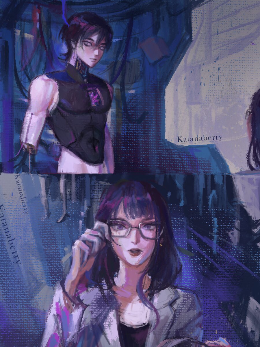1boy 1girl adjusting_eyewear artist_name blunt_bangs closed_mouth crop_top dark_background genshin_impact glasses hair_between_eyes hand_up highres joints katanaberry lab_coat long_hair looking_at_viewer looking_up mechanical_arms mother_and_son pov purple_hair raiden_shogun red_lips robot_joints scaramouche_(genshin_impact) short_hair single_mechanical_arm sleeveless standing violet_eyes wire