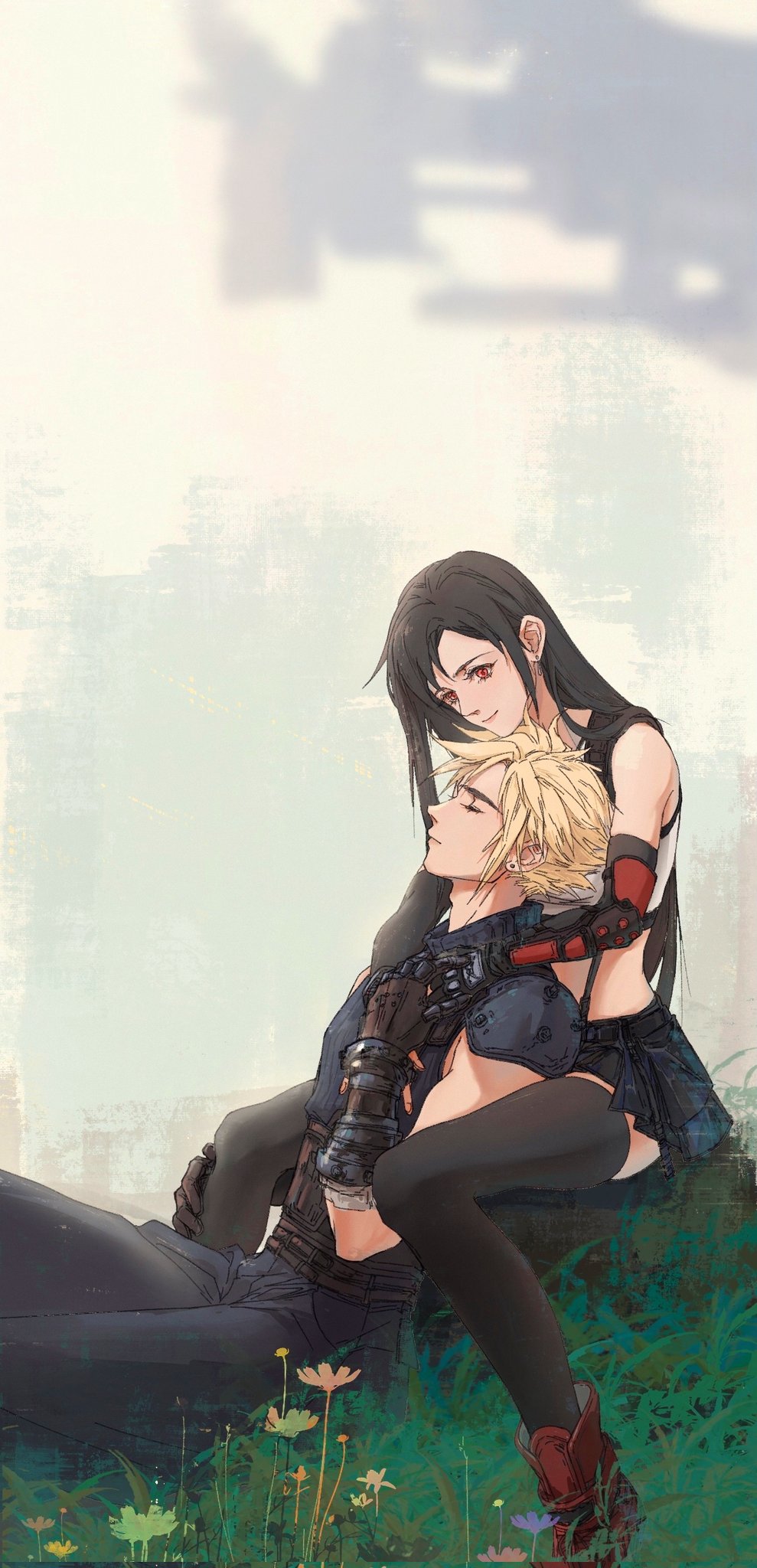 1boy 1girl aircraft airship armor baggy_pants bare_shoulders black_gloves black_hair black_skirt black_thighhighs blonde_hair blurry blurry_background boots christinelanc closed_eyes closed_mouth cloud_strife commentary couple crop_top earrings elbow_gloves final_fantasy final_fantasy_vii final_fantasy_vii_rebirth final_fantasy_vii_remake flower from_side gloves grass hand_on_another's_leg heads_together highres holding_hands hug hug_from_behind jewelry long_hair midriff on_lap outdoors pants profile red_eyes red_footwear shoulder_armor single_arm_guard sitting skirt sleeveless sleeveless_turtleneck spiky_hair suspender_skirt suspenders sweater tank_top thigh-highs tifa_lockhart turtleneck turtleneck_sweater white_tank_top
