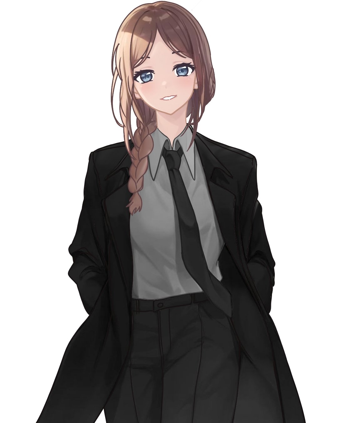 1girl bang_dream! bang_dream!_it's_mygo!!!!! black_coat black_necktie black_pants blue_eyes blush braid brown_hair chainsaw_man coat collared_shirt commentary_request cosplay cowboy_shot grey_shirt hands_in_pockets highres long_hair long_sleeves looking_at_viewer makima_(chainsaw_man) makima_(chainsaw_man)_(cosplay) mocaraneru nagasaki_soyo necktie open_clothes open_coat open_mouth pants parted_bangs shirt simple_background single_braid smile solo suit variant_set white_background