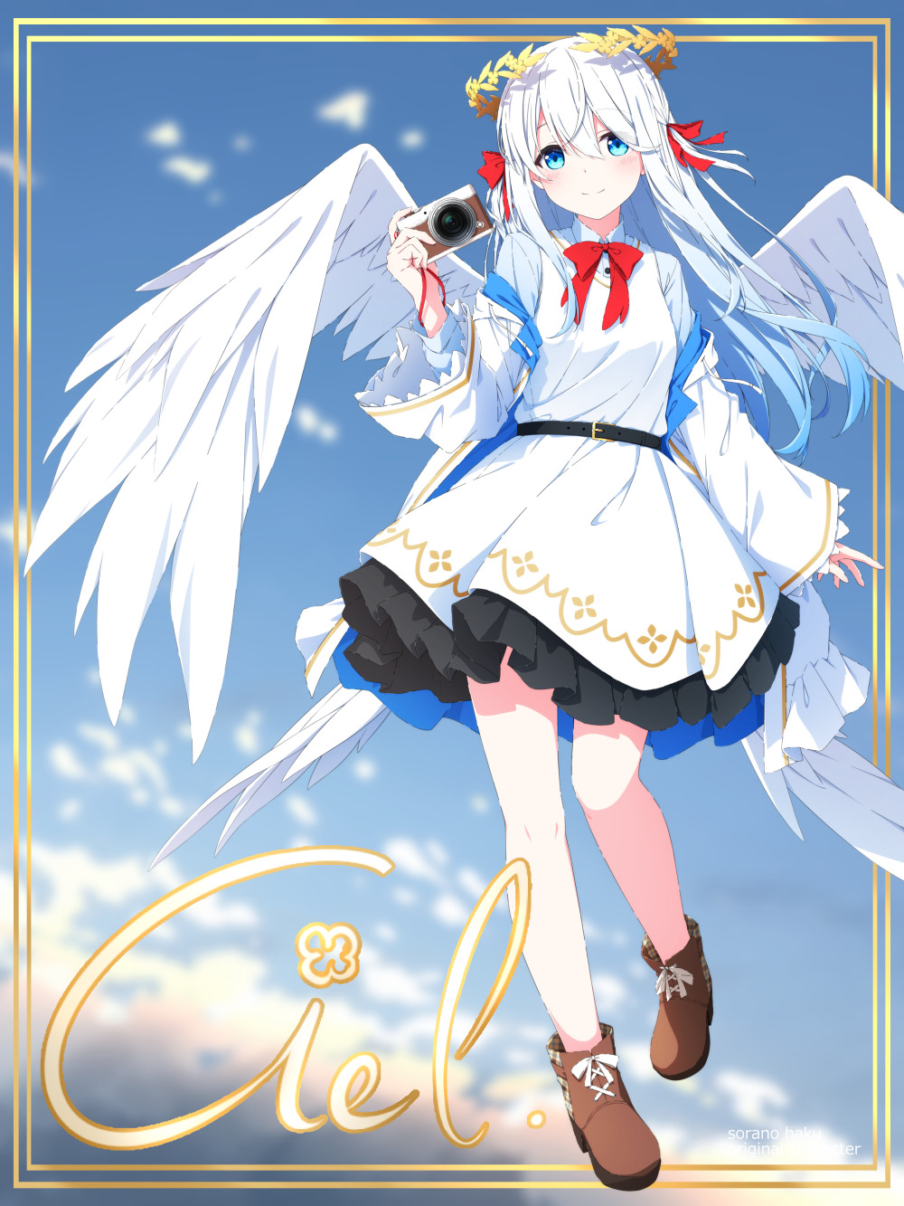 1girl angel_wings aoi_thomas blue_eyes blue_hair blue_shirt blue_sky boots bow brown_footwear camera closed_mouth clouds collared_shirt commentary_request day dress feathered_wings full_body gradient_hair highres holding holding_camera jacket laurel_crown long_sleeves looking_at_viewer multicolored_hair no_socks off_shoulder open_clothes open_jacket original red_bow revision shirt sky sleeveless sleeveless_shirt smile solo white_dress white_hair white_jacket white_wings wide_sleeves wings
