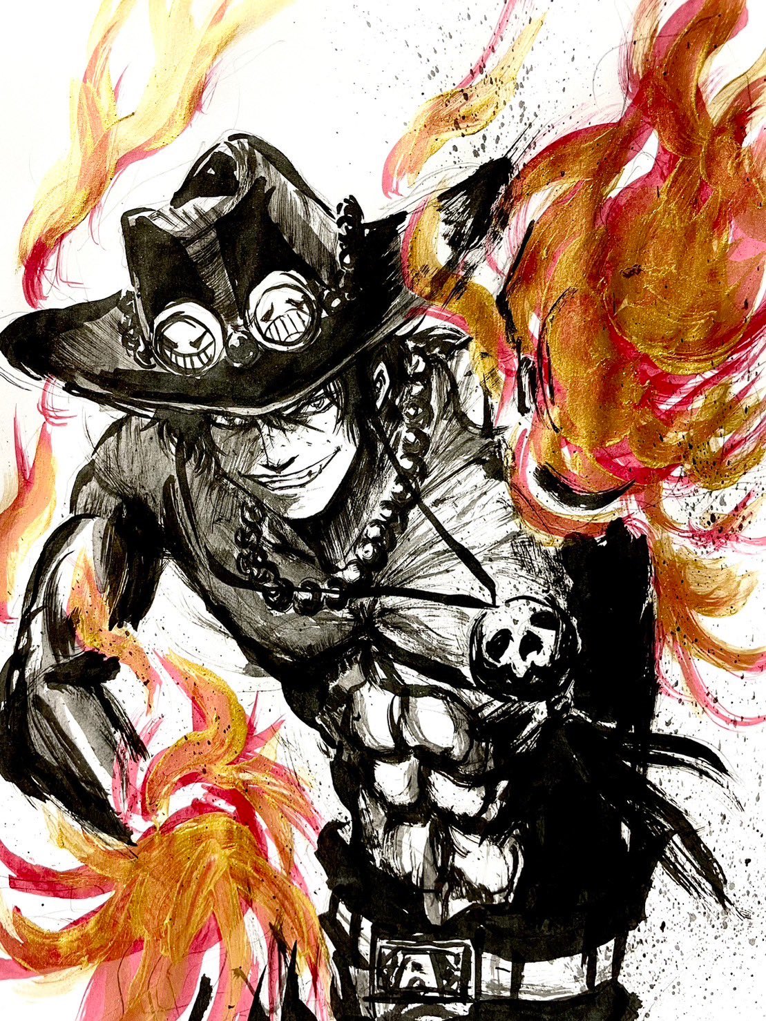 1boy abs belt brushbox2022 commentary_request cowboy_hat cowboy_shot fire freckles grin hat highres jewelry looking_at_viewer male_focus necklace one_piece pearl_necklace portgas_d._ace short_hair smile solo sumi-e topless_male upper_body