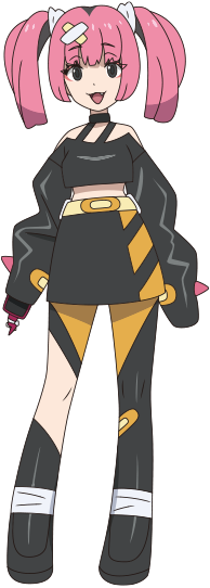 1girl :d asymmetrical_legwear belt black_eyes black_footwear black_pantyhose black_shirt black_skirt coral_(pokemon) eyeliner fang full_body hair_ornament happy knees long_hair makeup off-shoulder_shirt off_shoulder official_art open_mouth pantyhose phone pink_eyeliner pink_hair pokemon pokemon_(anime) pokemon_horizons shirt shoes skirt sleeves_past_fingers sleeves_past_wrists smile solo standing transparent_background twintails yellow_belt