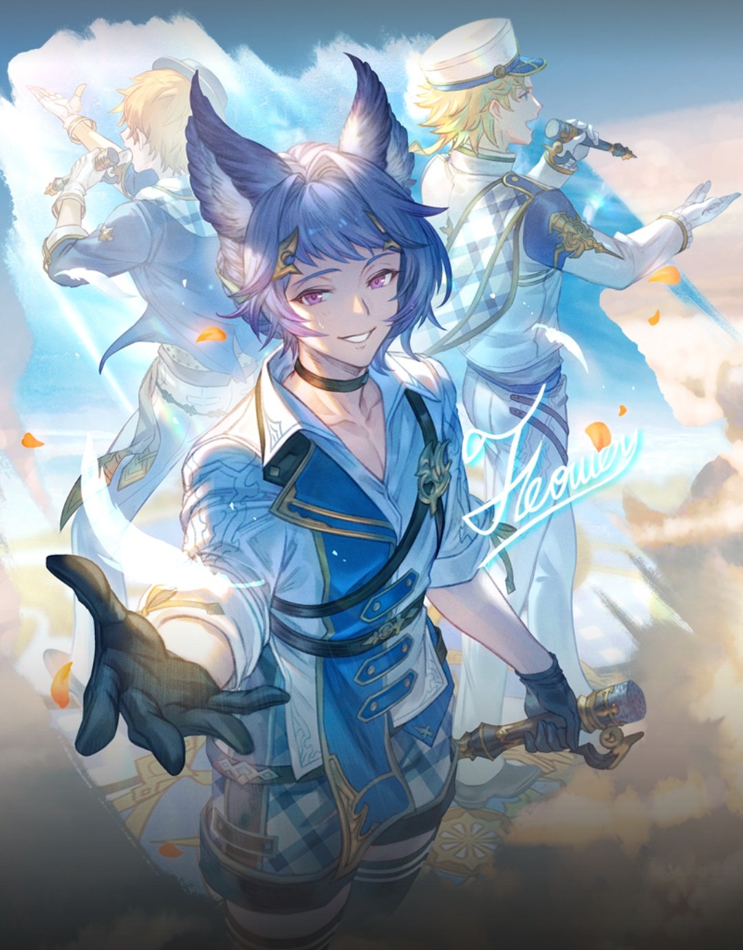 3boys animal_ears backlighting band_uniform black_gloves blonde_hair blue_shirt blue_sky brown_hair cat_ears chest_harness choker clouds cloudy_sky commentary commentary_request cowboy_shot english_text erune falling_feathers falling_petals feathers feower_(granblue_fantasy) floor full_body gloves gran_(granblue_fantasy) granblue_fantasy hair_intakes hair_ornament hairclip harness hat highres holding holding_microphone holding_microphone_stand hood hood_down idol light_particles light_rays looking_at_viewer male_focus microphone microphone_stand minaba_hideo mini_hat mini_top_hat multiple_boys music official_alternate_costume official_art on_floor pants petals pink_eyes plaid plaid_shirt promotional_art purple_hair reaching reaching_towards_viewer seofon_(granblue_fantasy) shako_cap shirt singing sky sleeves_rolled_up smile striped_leggings sunlight third-party_source top_hat white_feathers white_gloves white_pants white_shirt