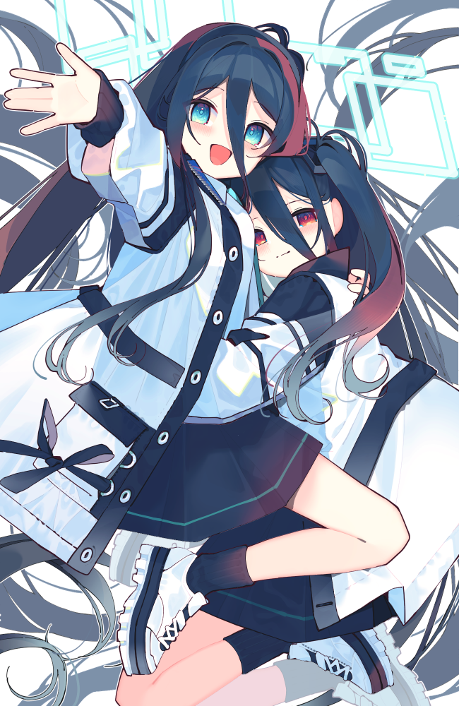 &lt;key&gt;_(blue_archive) 2girls absurdly_long_hair aris_(blue_archive) black_hair black_skirt black_socks blue_archive blue_eyes blue_halo blue_necktie blush halo jacket koori long_hair long_sleeves multiple_girls necktie one_side_up open_clothes open_jacket open_mouth pleated_skirt red_eyes shirt shoes skirt smile socks very_long_hair white_footwear white_jacket white_shirt