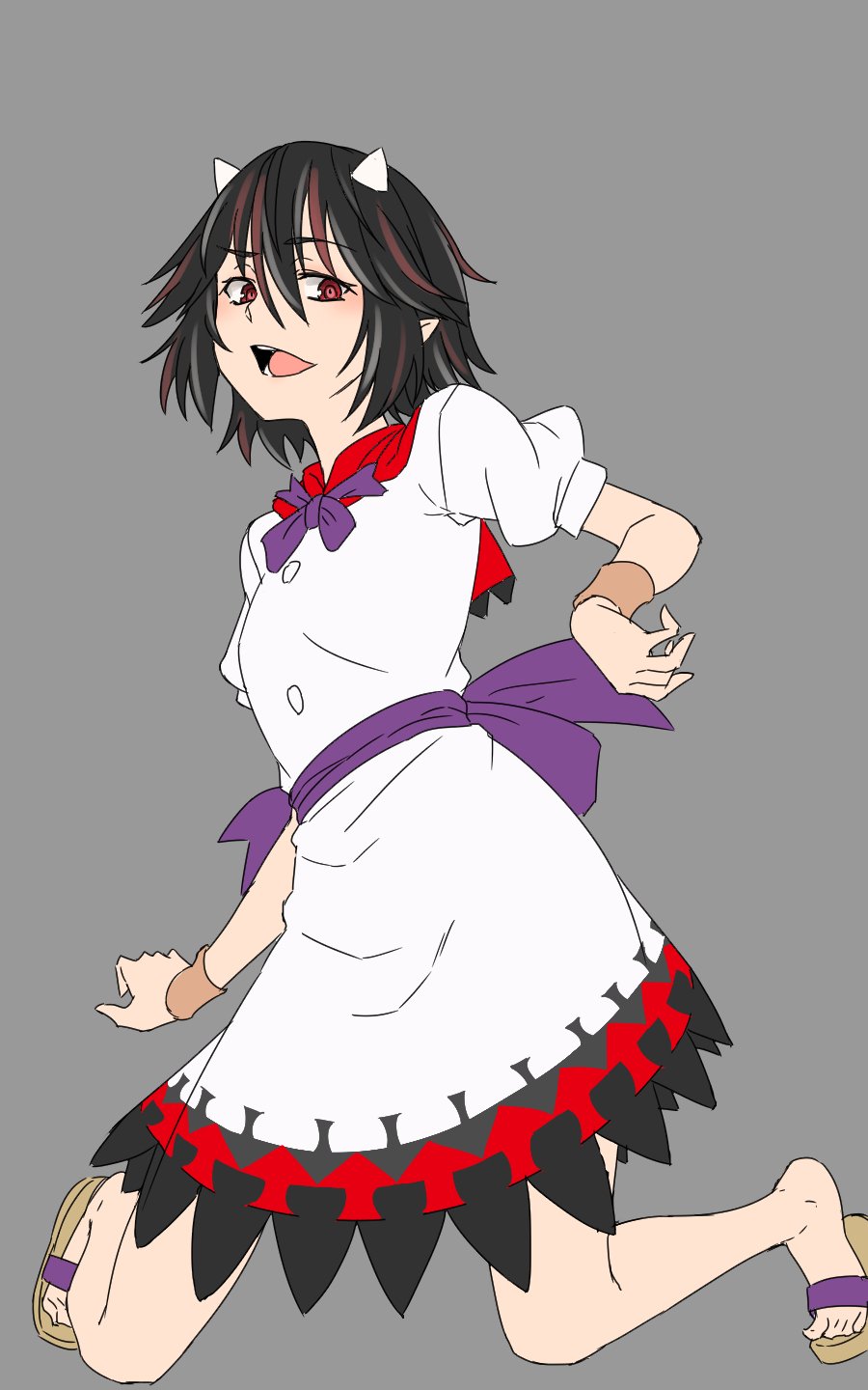 1girl black_hair brown_footwear commentary highres horns kakone kijin_seija looking_at_viewer multicolored_hair one-hour_drawing_challenge open_mouth pointy_ears redhead sandals short_hair short_sleeves simple_background solo streaked_hair touhou white_hair
