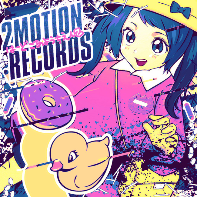 1girl abstract_background album_cover album_name bag blue_eyes blue_hair blush child commentary_request cover doughnut dutch_angle feet_out_of_frame food hair_ornament hairclip hand_up hat kindergarten_uniform long_hair long_sleeves looking_at_viewer nemo_brand open_mouth original pill pink_shirt rubber_duck school_hat shirt shoulder_bag smile solo splatter standing swept_bangs twintails
