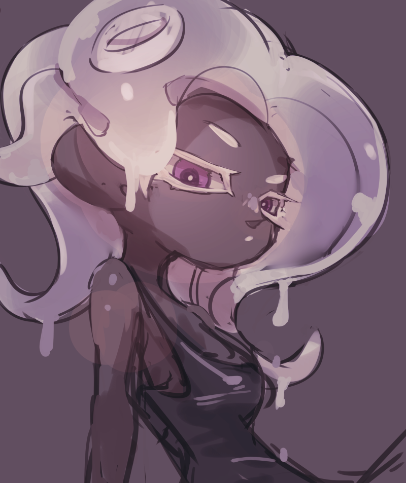 1girl :o bare_shoulders black_tank_top colored_eyelashes dark-skinned_female dark_skin dripping koike3582 long_hair octoling octoling_girl octoling_player_character open_mouth purple_background simple_background solo splatoon_(series) suction_cups tank_top tentacle_hair violet_eyes white_hair