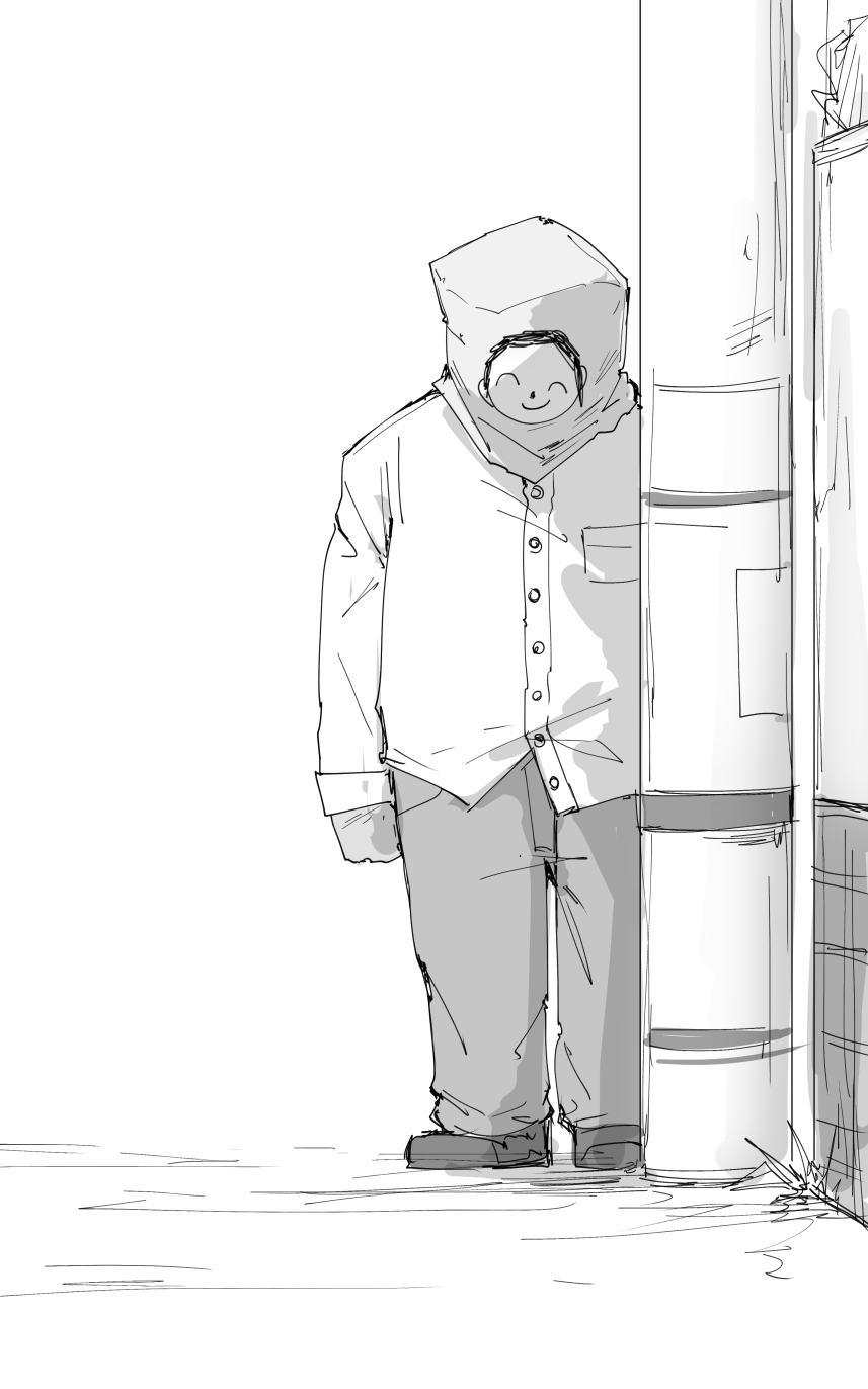 1boy bag_over_head blue_archive commentary doodle_sensei_(blue_archive) faceless faceless_male greyscale highres kankan33333 male_focus monochrome sensei_(blue_archive) solo stalking standing utility_pole