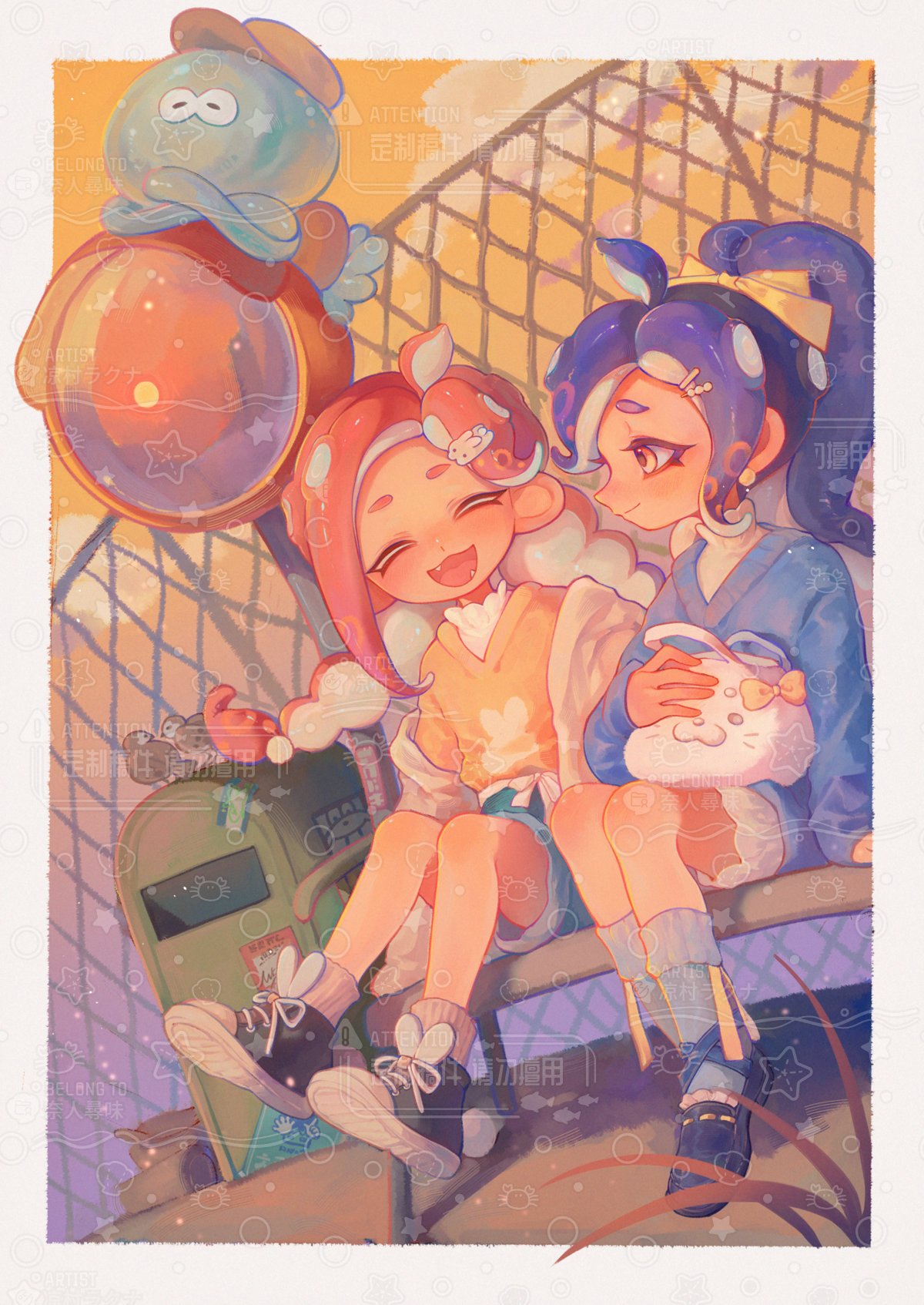 2girls bench black_footwear blue_hair chain-link_fence fence full_body highres jellyfish_(splatoon) liang_cun_rakuna medium_hair multiple_girls octoling octoling_girl octoling_player_character on_bench open_mouth redhead shirt sitting splatoon_(series) suction_cups tentacle_hair