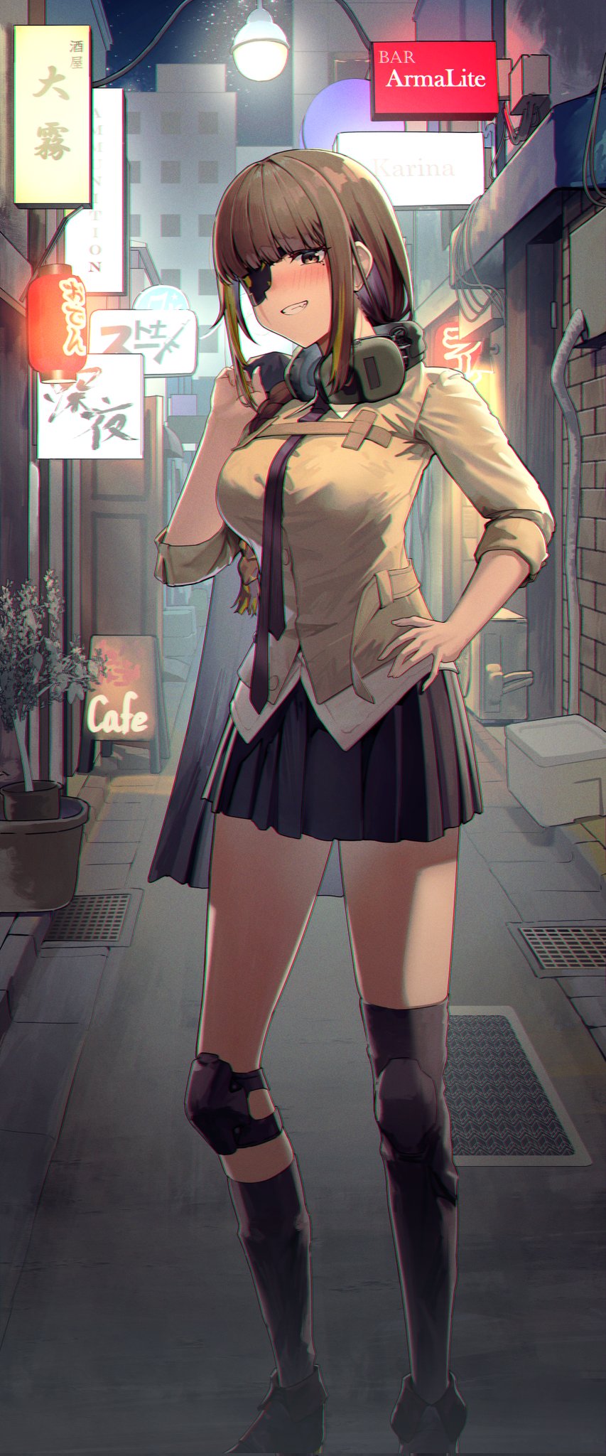 black_jacket black_necktie black_socks black_thighhighs brown_eyes brown_hair city eyepatch girls_frontline hanabusaraleigh hands_on_own_hips headset highres holding holding_clothes holding_jacket hood hooded_jacket jacket knee_pads kneehighs long_hair long_sleeves looking_at_viewer m16a1_(girls'_frontline) mole mole_under_eye multicolored_hair necktie open_mouth scar shirt single_kneehigh single_sock smile socks solo thigh-highs yellow_shirt